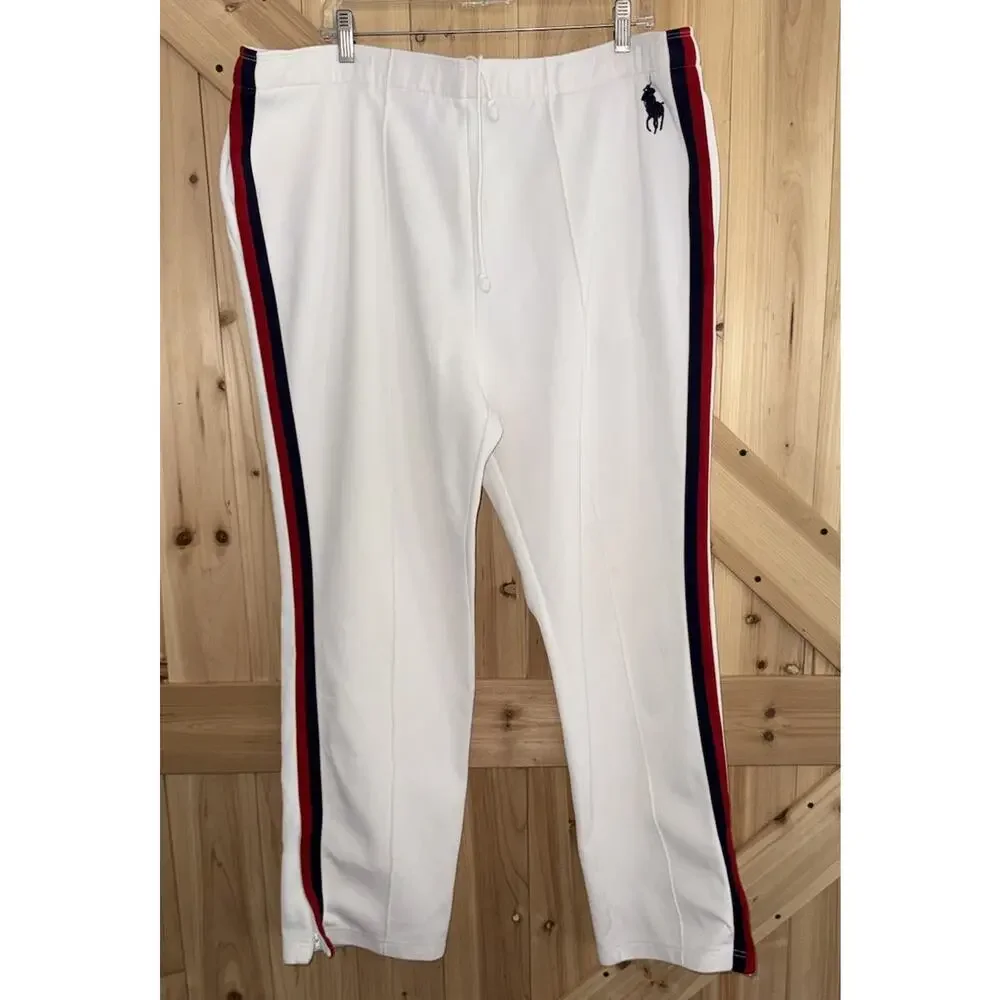 Polo Ralph Lauren White Red Navy Side Stripe Pique Track Pant Joggers USA Sz XL